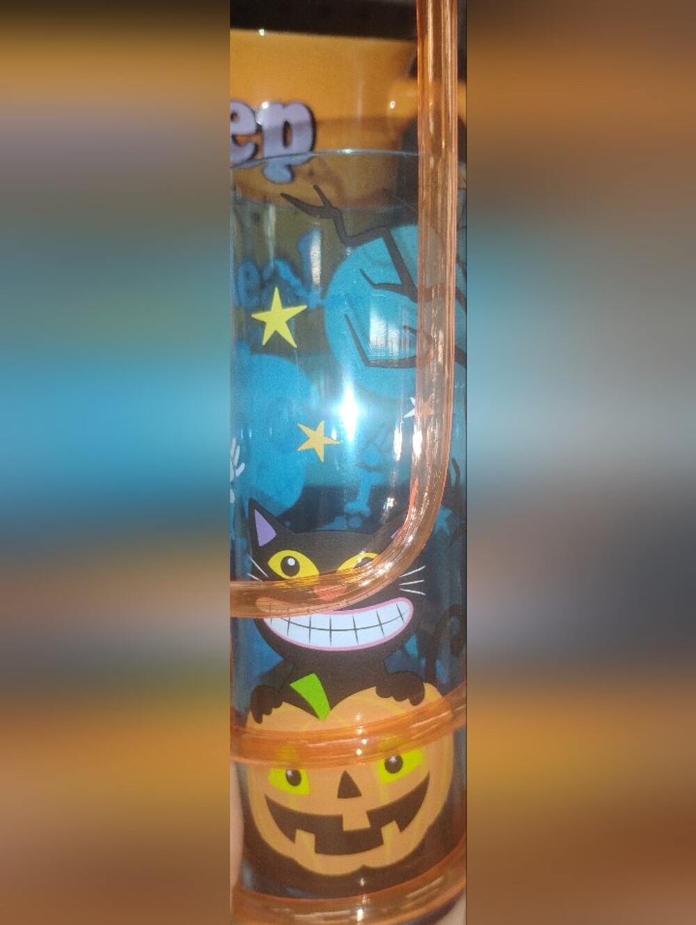 Kids Halloween Cat & Pumpkin Glass with a Spiral Straw - Black & Blue
